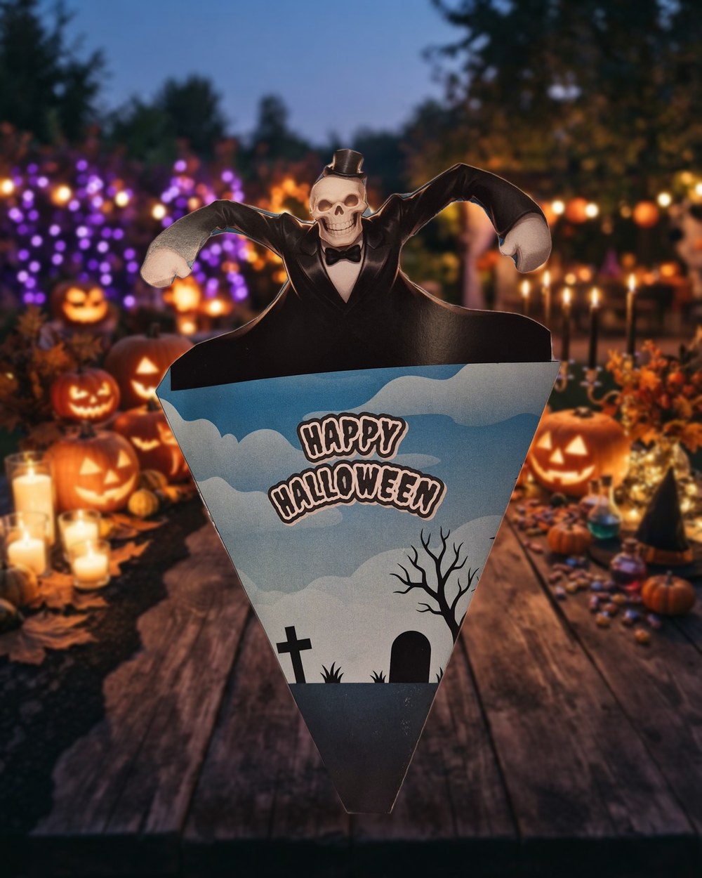 A Halloween cone topped with a skeleton in a top hat